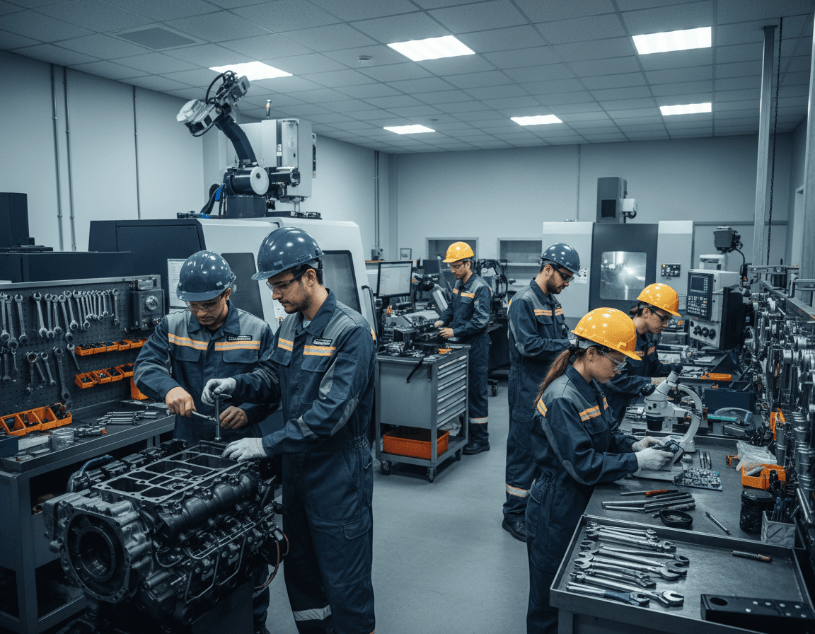 Factory workers in custom workwear and uniforms