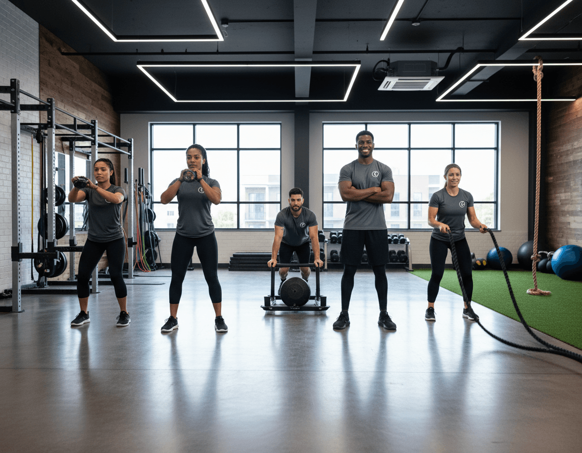 Gym members in custom fitness apparel