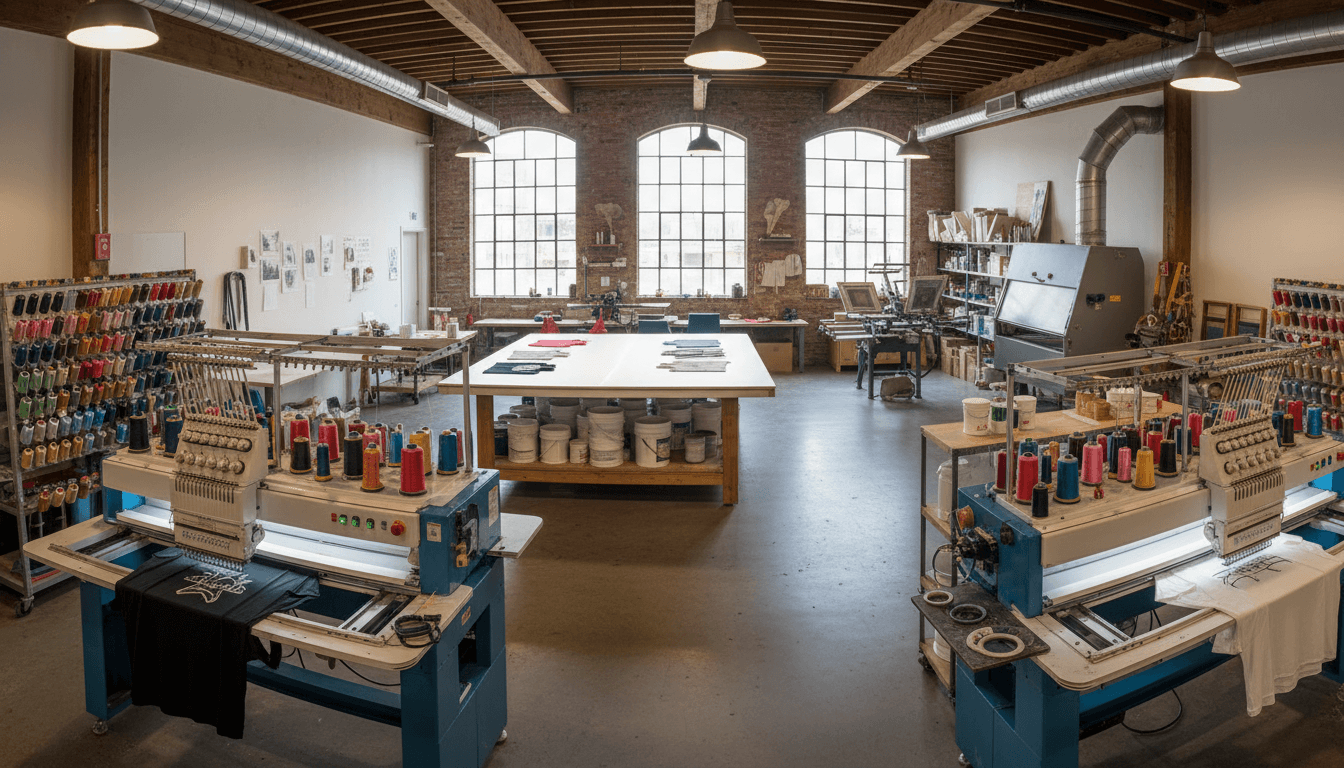 Custom bulk apparel manufacturing floor with premium t-shirts and teamwear